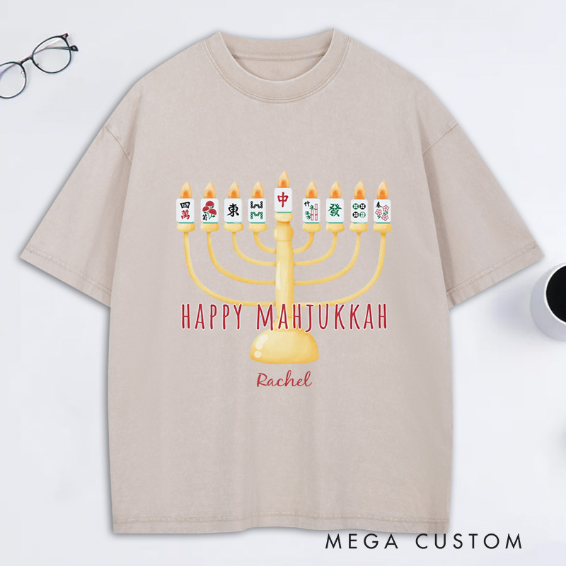 Personalized Hanukkah Mahjong Washed T-Shirt with Name Mahjong Lovers Holiday Shirt Mahj Funny Tee Jewish Holiday Gift Religious Funny Gift