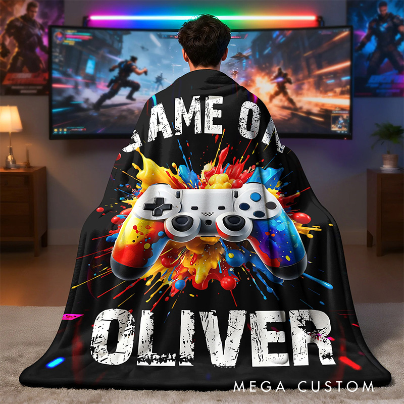 Personalized Game Controller Splatter Paint Soft Throw Blanket with Name and Title Gamer Home Decor Birthday Gift for Game Lover Kid