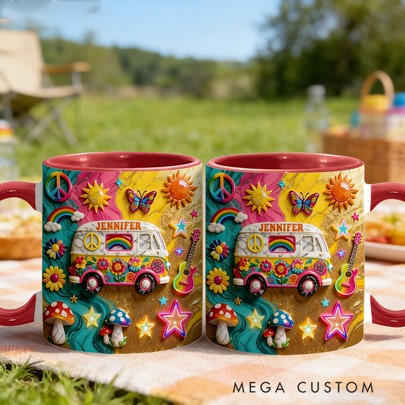 Personalized Hippie Souls Accent Mug Custom Name Colorful Hippie Car Hippie Coffee Mug Bohemian Coffee Mug