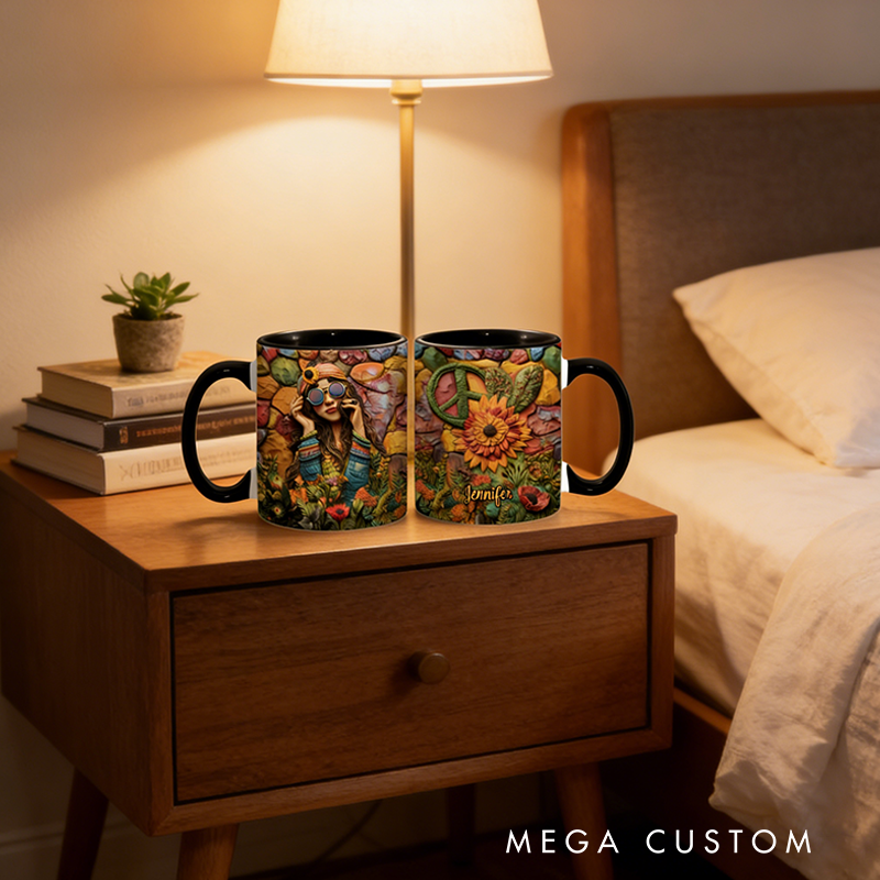 Personalized Hippie Accent Mug Custom Name Hippie Girl Hippie Soul Peace Love Mug for Music Lover Gift