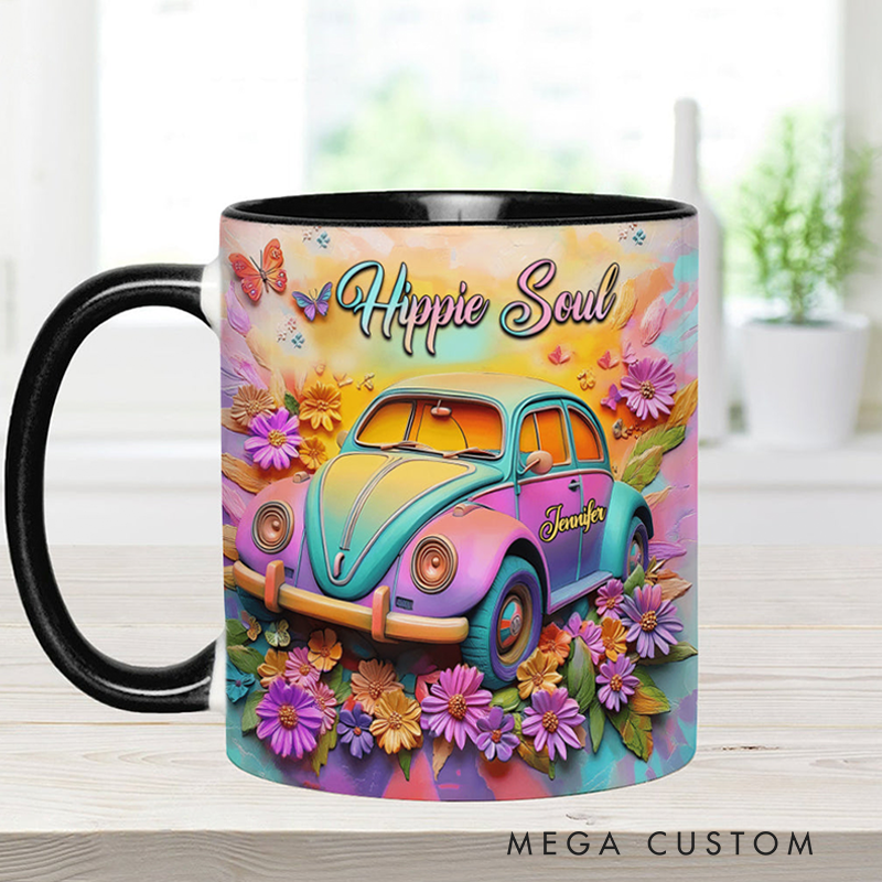 Personalized Hippie Souls Accent Mug Custom Name Colorful Hippie Car Hippie Coffee Mug Bohemian Coffee Mug