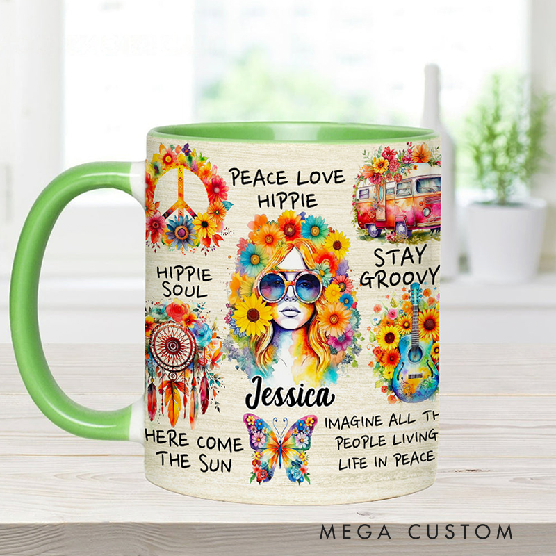 Personalized Hippie Accent Mug Custom Name Hippie Girl Hippie Soul Peace Love Mug for Music Lover Gift