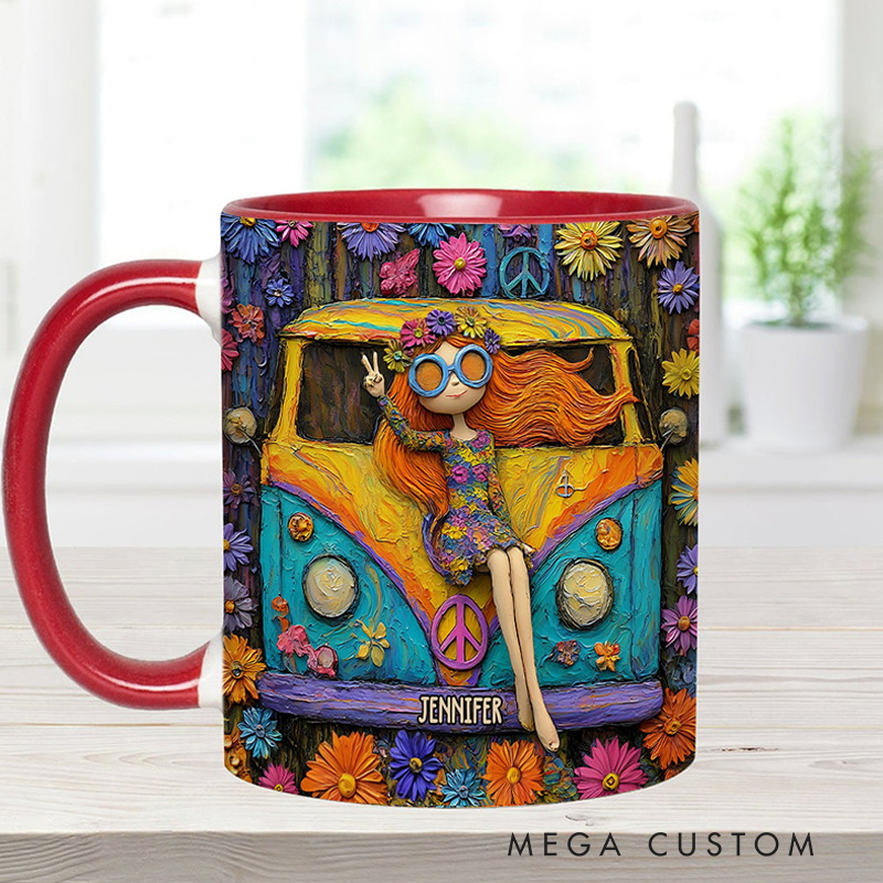 Personalized Hippie Accent Mug Custom Name Hippie Girl and Cars Hippie Soul Peace Love Mug for Music Lover Gift