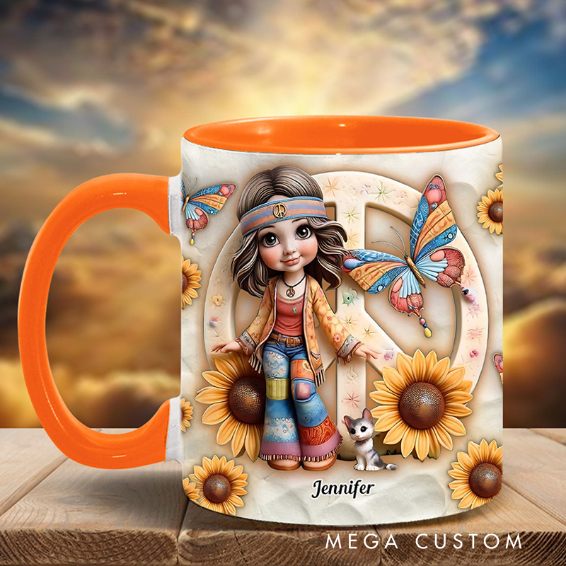 Personalized Hippie Accent Mug Custom Name Hippie Girl Hippie Soul Peace Love Mug for Music Lover Gift