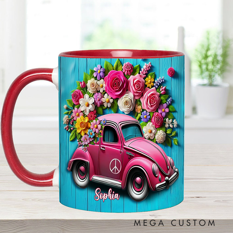 Personalized Hippie Accent Mug Custom Name Colorful Hippie Cars Mug for Music Lover Gift
