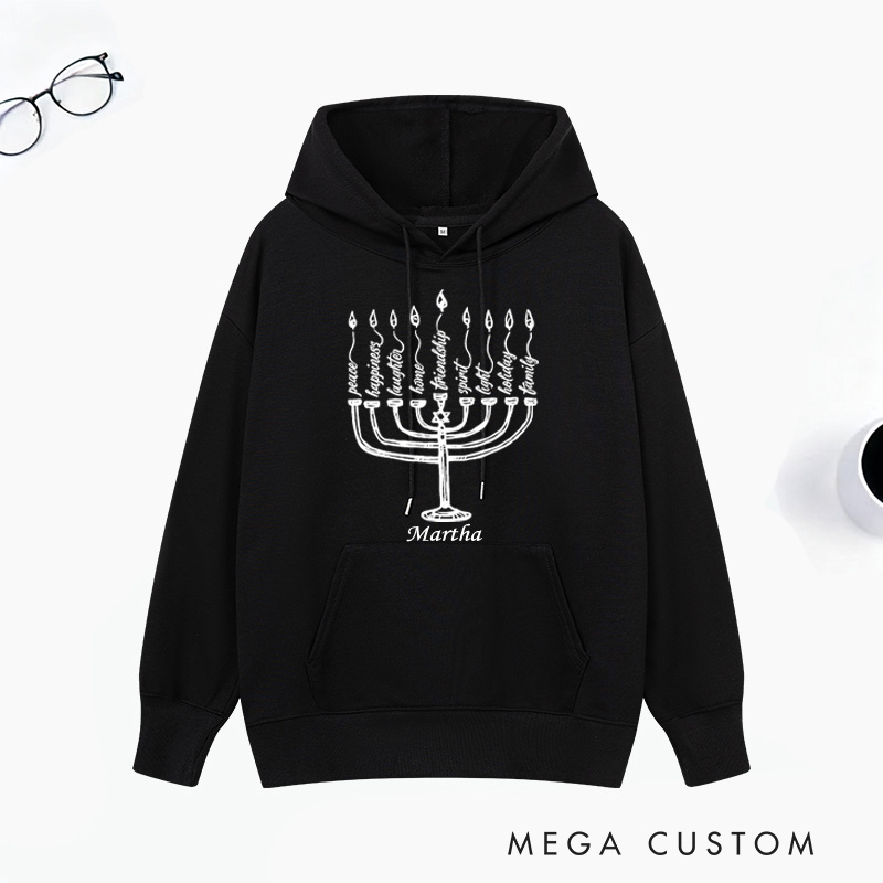 Personalized Peace Laughter Hanukkah Classic Hoodies with Name Unisex Hoodies Religious Gift Happy Hanukkah Gift for Jewish People