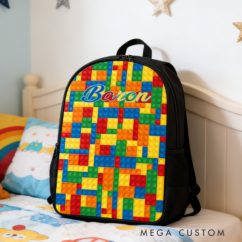 Personalized Building Block Pattern Backpack for Kids Custom Name Backpack Gift for Kid
