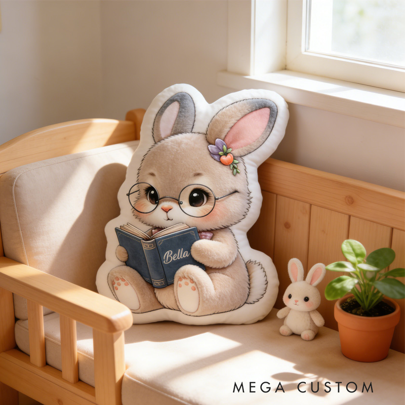 Personalized Reading Bunny Throw Pillow Graphic 3D Rabbit Reading Letter Pillow with Name for Kids Boy Girl Book Lover Bookish Bookworm Gift