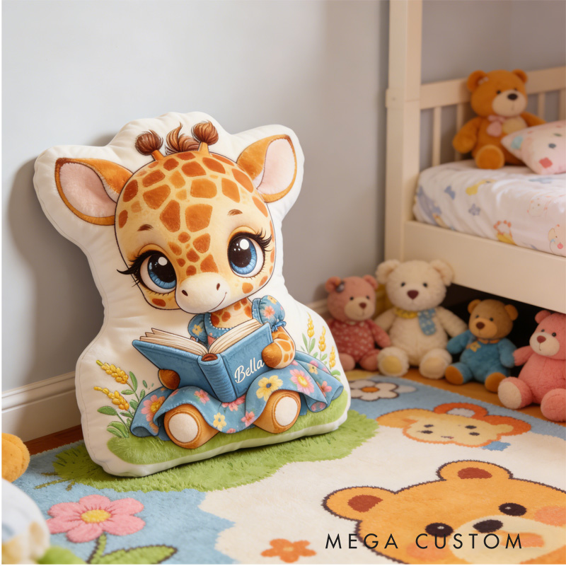 Personalized Reading Giraffa Throw Pillow Graphic 3D Giraffa Pillow with Name for Kids Boy Girl Book Lover Bookish Bookworm Gift