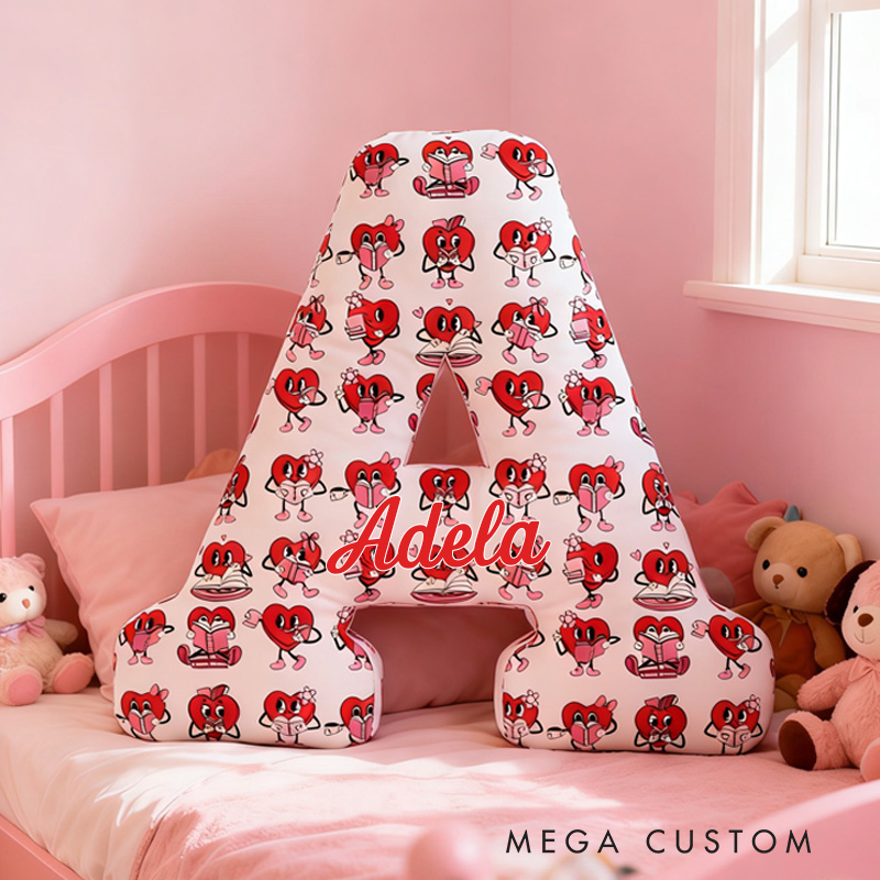 Personalized Bookish Heart Alphabet Throw Pillow Graphic 3D Reading Heart Letter Pillow with Name for Boyfriend Girlfriend Book Lover Bookish Bookworm Valentine's Day Gift