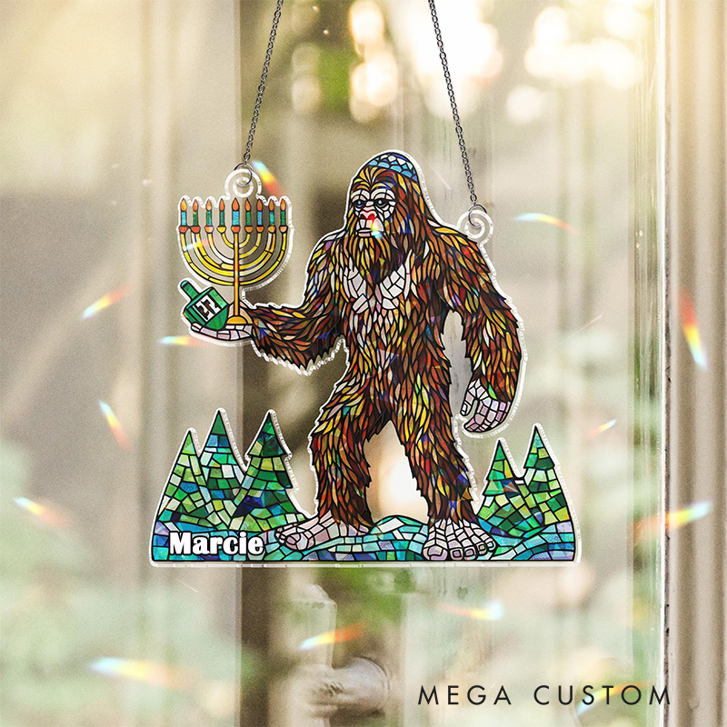 Personalized Holographic Bigfoot Hanukkah Suncatcher Ornament with Custom Name Sasquatch Judaica Window Hanging Hanukkah Decor Happy Hanukkahs Gift