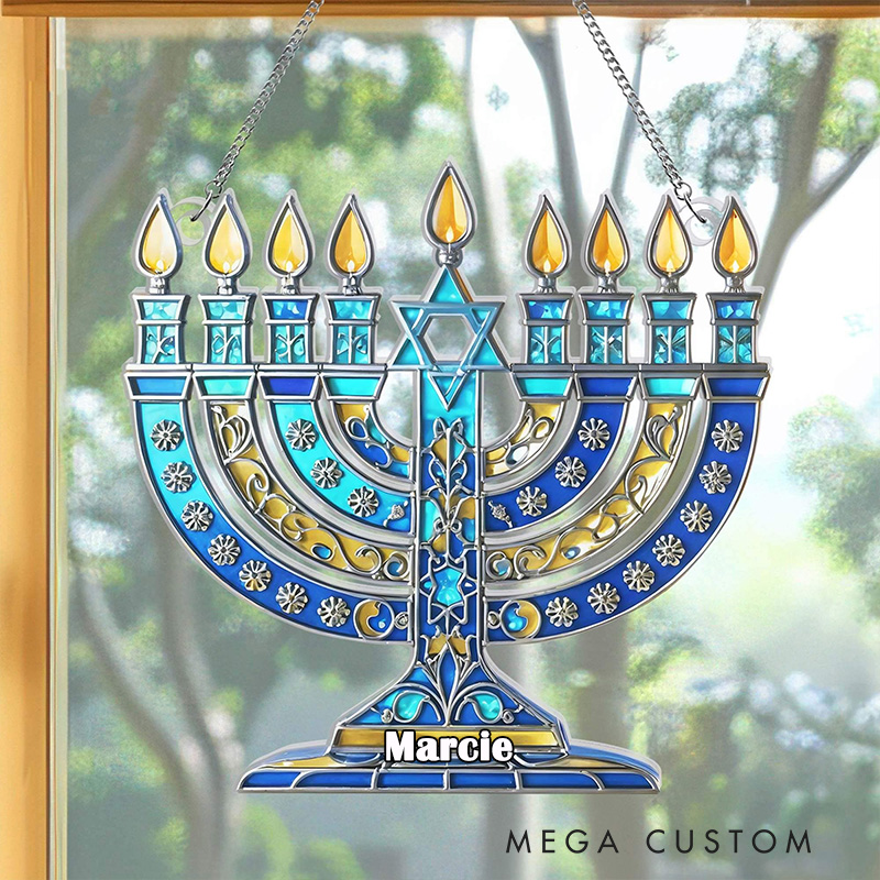 Personalized Hanukkah Menorah Suncatcher with Custom Name Jewish Window Hanging Sign Chanukah Jewish Holiday Star of David Happy Hanukkahs Israel Gift