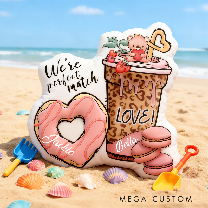 Personalized You're Perfect Match Throw Pillow Graphic 3D Print Heart Donut Couple Food Pillow with Name for Girlfriend Boyfriend Baking Lover Gifts Valentine's Day Gift