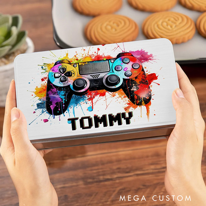 Personalized Splash-Ink Gamepad Design Biscuit Tin Storage Box with Name Birthday Gift for Kids Game Lover