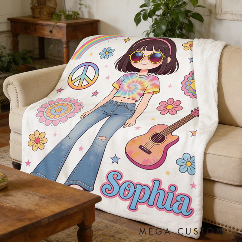 Personalized Hippie Style Blanket Custom Name Hippie Girl Hippie Soul Peace Love Blanket for Music Lover Gift