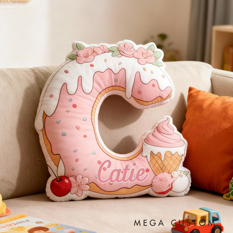 Personalized Donut Alphabet Throw Pillow Graphic 3D Print Cupcake Letter Pillow with Name for Girl Boy Kids Initial Pillow Baking Lover Gifts