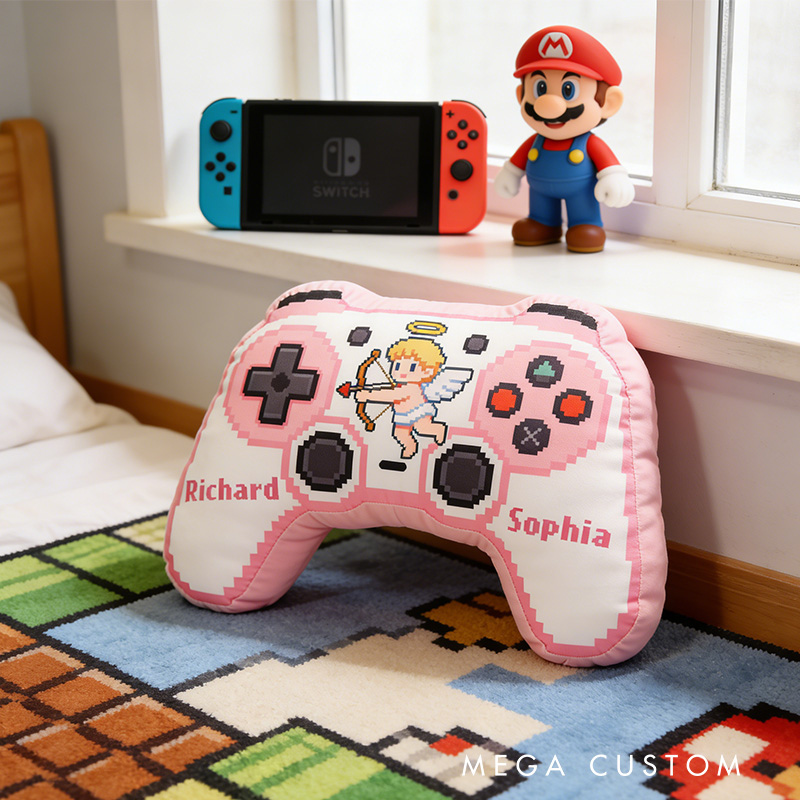 Personalized Pixel Cupid Game Couple Controller Shaped Pillow for Game Lovers Valentines Day Gift Plush Pillow Christmas Gift for Couples