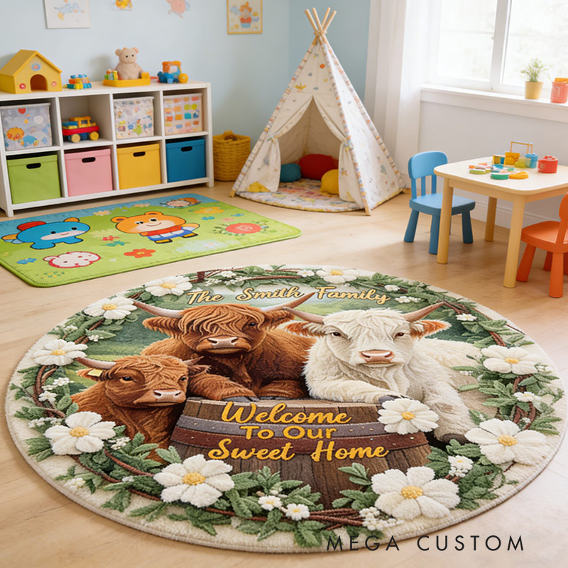 Personalized Welcome To Our Sweet Home Rug Custom Highland Cow Round Rug with Name for Family New Home Gifts Housewarming Day Gift