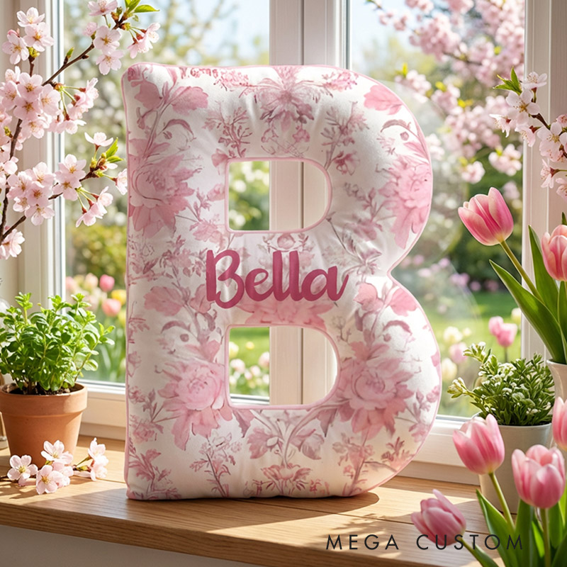 Personalized Initial Pillow Pink Floral Custom Name Pillow for Girls Gardening Lovers Gift 