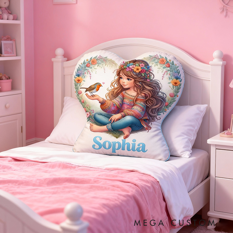 Personalized Heart Shaped Pillow Custom Name and Bohemian Girl Floral Wreath Bird Design for Her