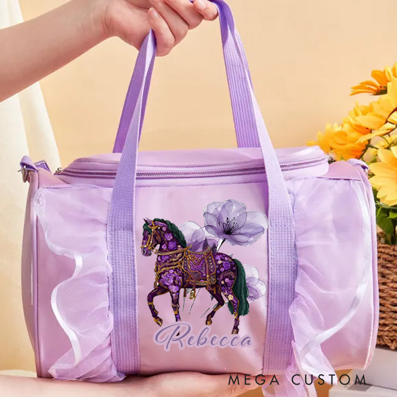 Personalized Horse Duffle Dance Bag with Name and Shoulder Strap Overnight Bag for Girl Ballet Bag Weekender Back To School Gift for Girls Riding Lovers Equestrian Lovers