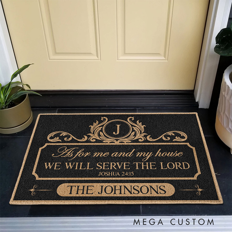Personalized We'll Serve the Lord Doormat with Custom Initial and Family Name Non-Slip Durable Front Door Decor Religious Gift for Faithful Family