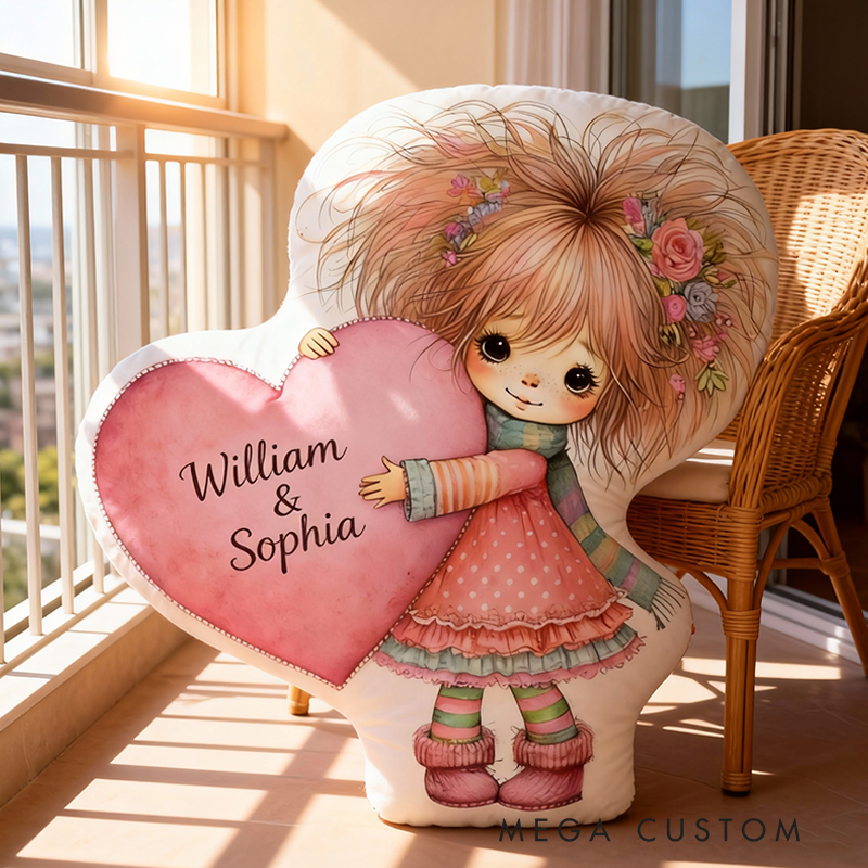 Personalized Cute Hipper Girl Hugging Heart Pillow Custom Names and Bohemian Girl Heart Design for Her
