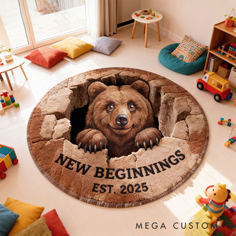 Personalized Round Rug with Adorable Bear Design Custom Floor Mat Soft Area Rug for Living Room Bedroom Unique Gift Idea Housewarming Gift Home Decor