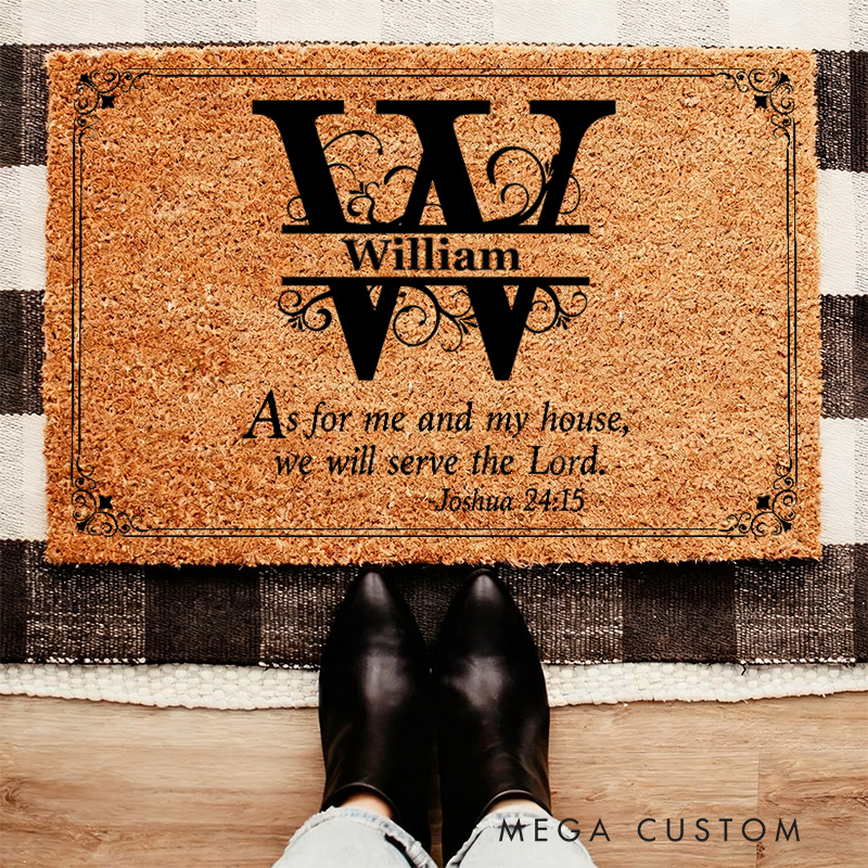 Personalized We Will Serve the Lord with Initials of Family Name Doormat Non-Slip Welcome Mat Religious Housewarming Gift