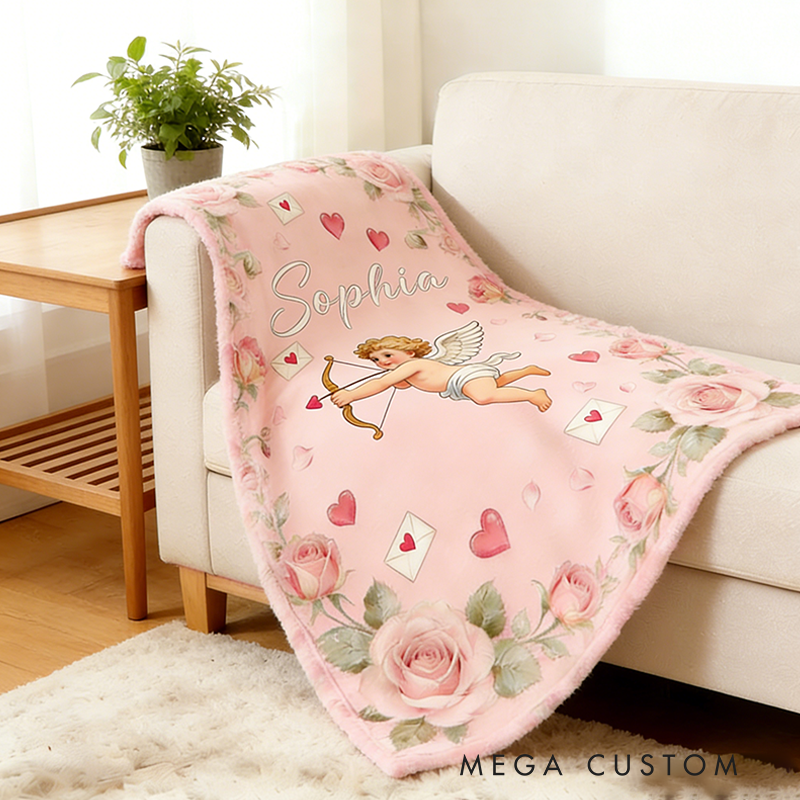 Personalized Cupid Themed Valentine's Day Gift Blanket Custom Name for Her