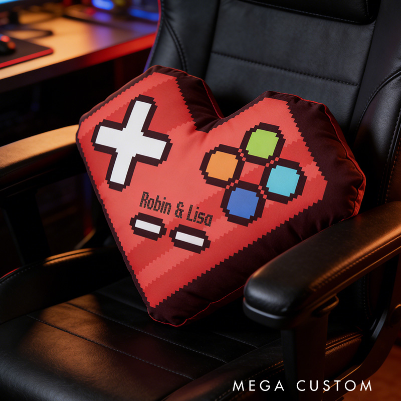 Personalized Pixel Art Gamer Heart Pillow Gamer Couple Pillow with Name Custom Geek Gamer Gifts
