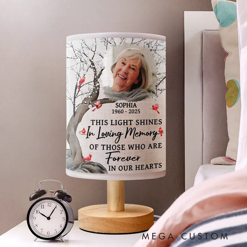 Personalized Cardinal Photo Fabric Table Lamp with Name This Light Shines In Loving Memory Memorial Gift for Family