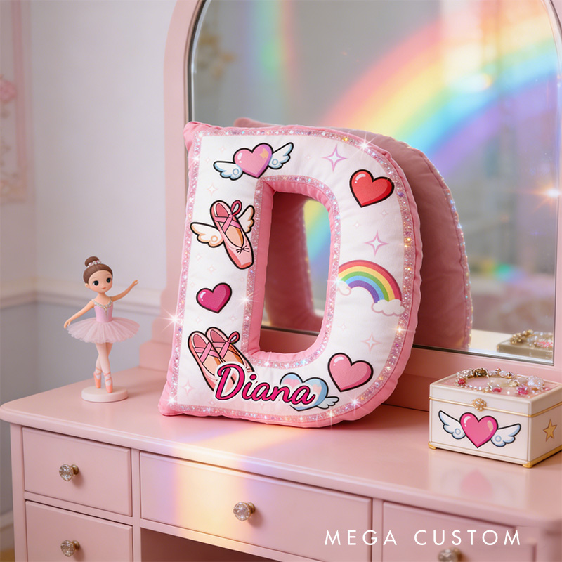Personalized Graphic 3D Fantacy Rainbow Ballerina Alphabet Shaped Pillow for Dance Lovers Initial Pillow Christmas Gift for Kids