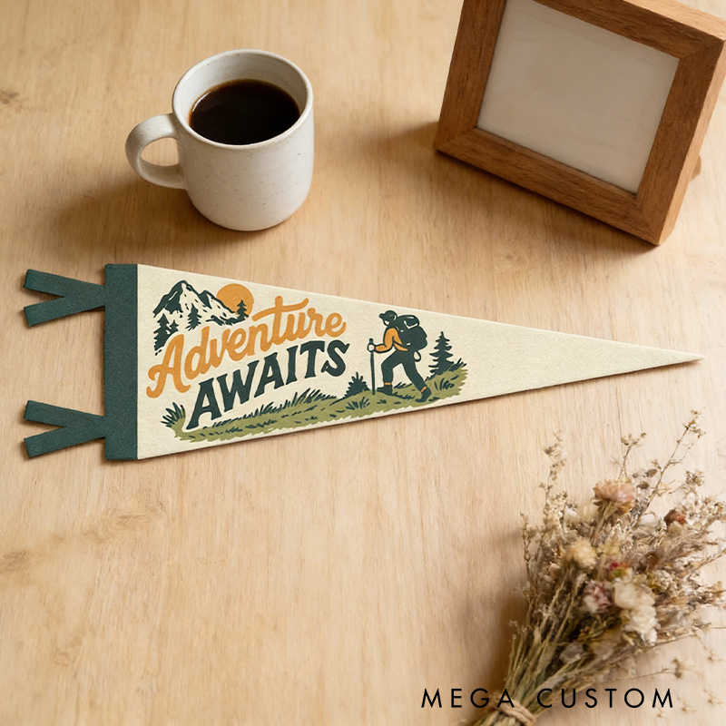 Personalized Adventure Awaits Felt Pennant Natured Theme Wall Decor Hiking Camp Banner Wanderer Sign Outdoor Lover Gift Inspirational Travel Art