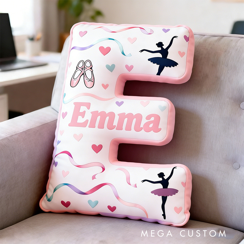 Personalized Graphic 3D Swirling Ribbons Ballerina Alphabet Shaped Pillow for Dance Lovers Initial Pillow Christmas Gift for Kids