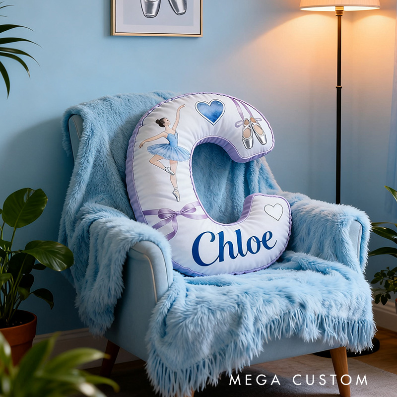 Personalized Graphic 3D Blue And Purple Dream Ballerina Alphabet Shaped Pillow for Dance Lovers Initial Pillow Christmas Gift for Kids