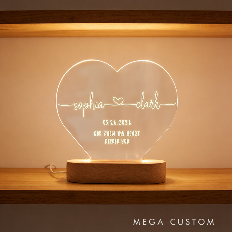 Personalized God Knew My Heart Needed You Heart Shaped LED Night Light with Name & Date Valentines Day Gift Anniversary Gift Romantic Gift for Couple
