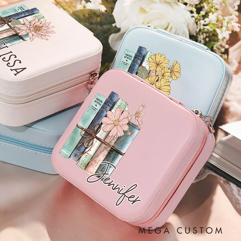 Personalized Book Birth Flower Jewelry Box Portable Travel Accessory Birthday Bridesmaid Gift for Women Book Lover