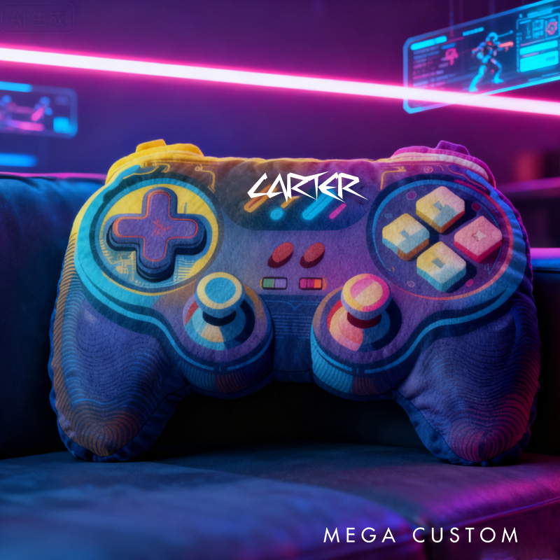 Personalized Neon-Style Game Controller Pillow Custom Gamer Lover Pillow Gift for Game Geek