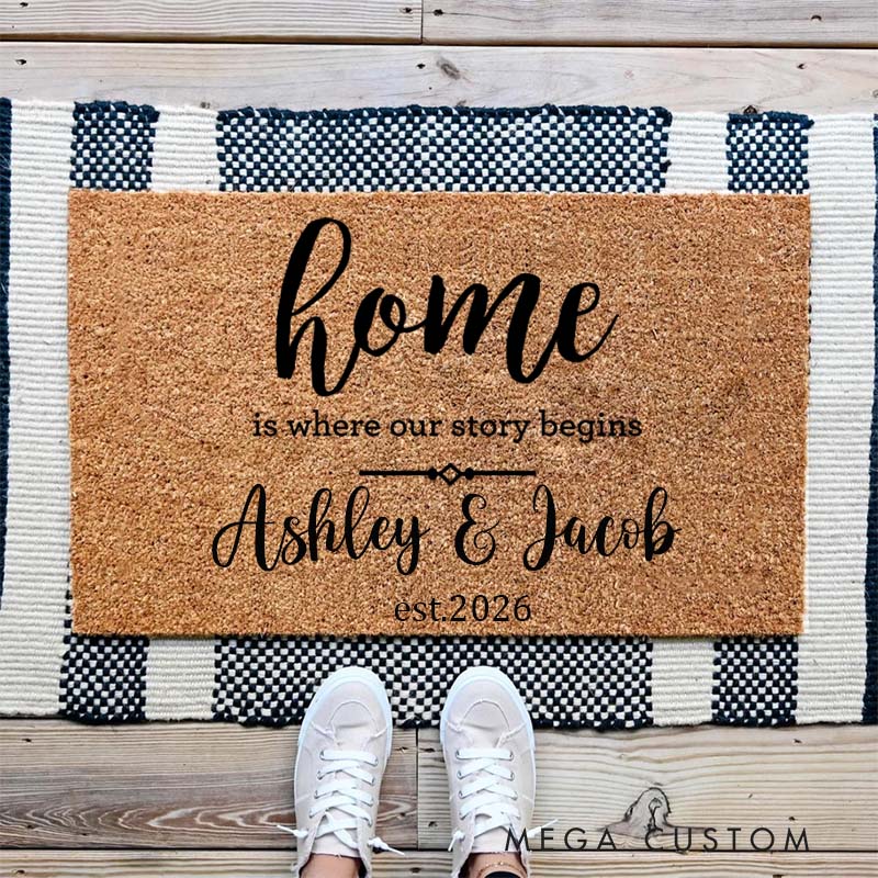 Personalized Home Doormat Custom Our Story Begins Design Durable Coir Welcome Mat for Couples New Home Housewarming Gift for Newlyweds