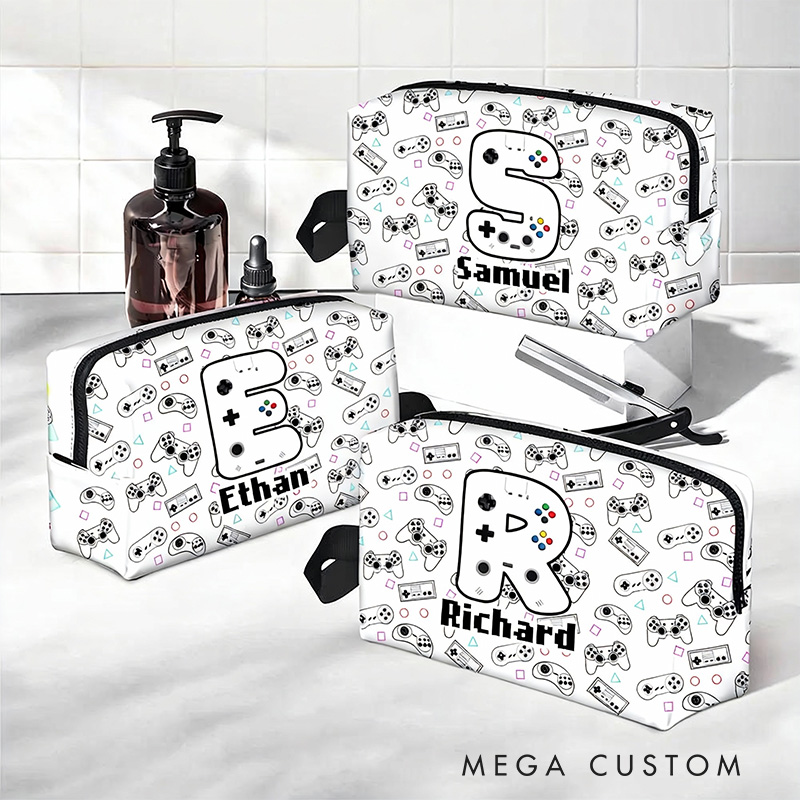 Personalized Game Controller Name Portable Toiletry Bag with Zipper and Handle Dopp Kit Travel Accessory Birthday Gift for Game Lover