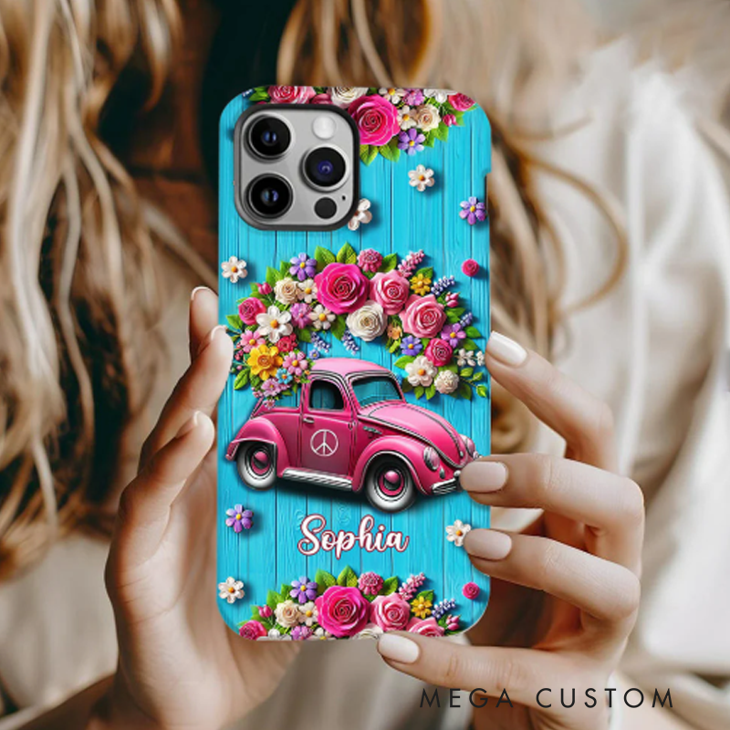 Personalized Hippie Accent Phone Case Custom Name Hippie Cars Theme and Flower Case