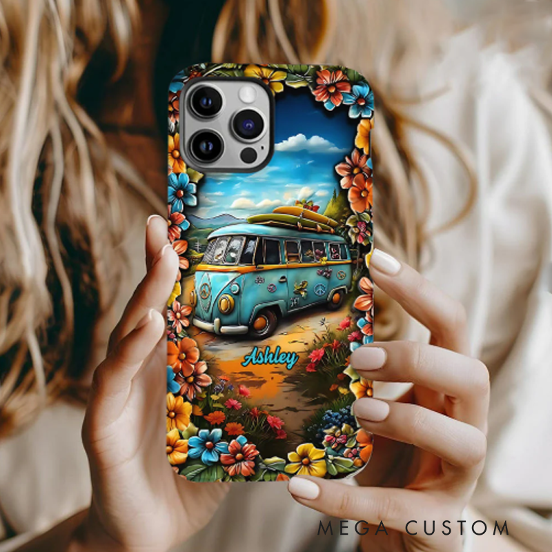 Personalized Hippie Accent Phone Case Custom Name Hippie Cars Theme and Flower Case