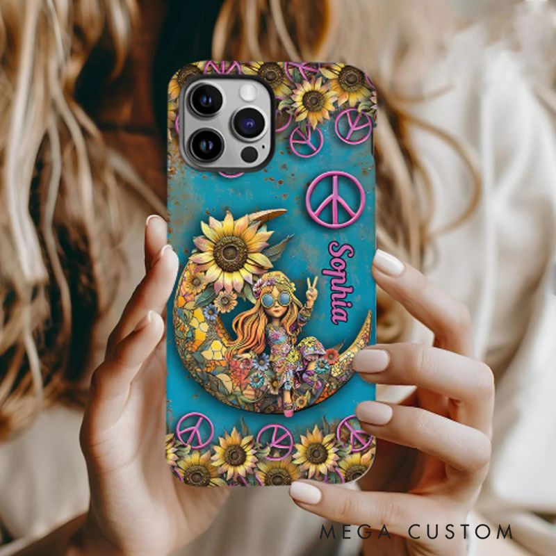 Personalized Hippie Girl Accent Phone Case Custom Name Hippie Theme and Flower Case