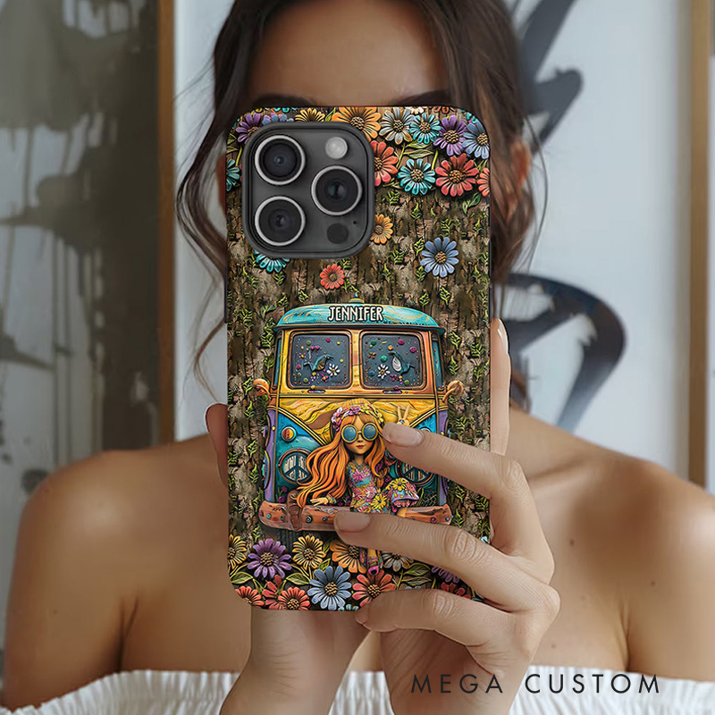 Personalized Hippie Girl and Cars Accent Phone Case Custom Name Hippie Theme and Flower Case