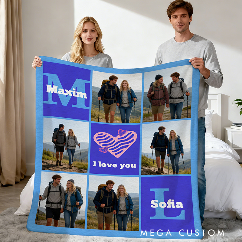 Personalized Heart 6 Photos Soft Throw Blanket with Name and Text Home Decor Valentine's Day Outdoor Hiking Gift for Couple