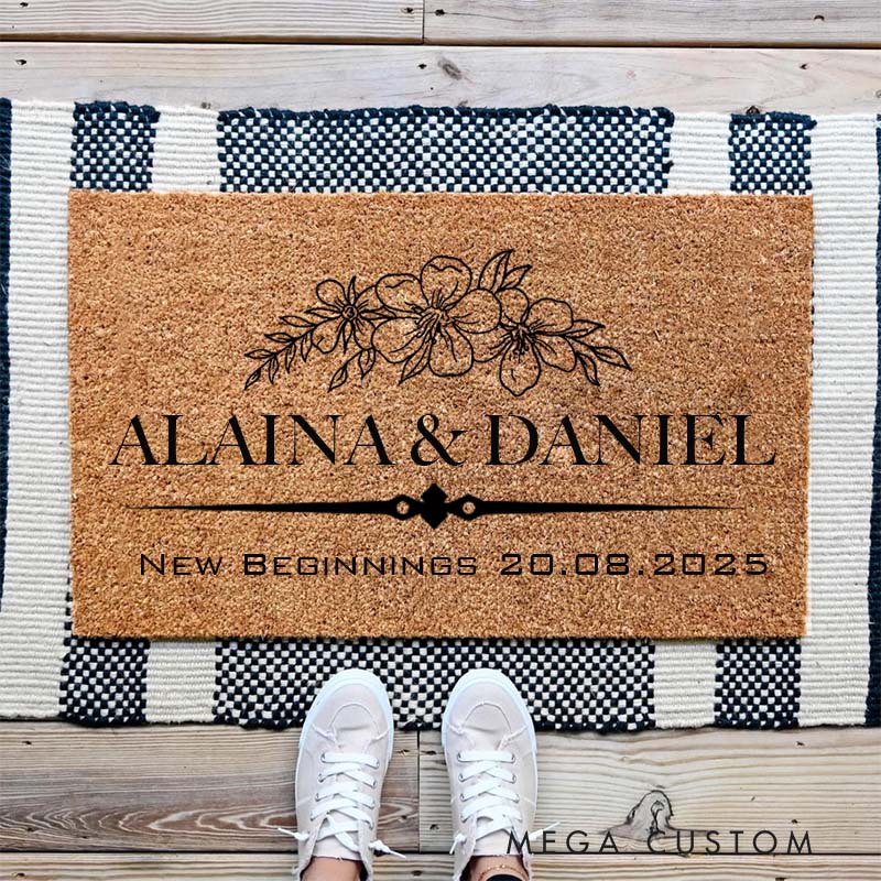 Personalized New Beginnings Doormat Custom Floral Design Durable Coir Welcome Mat for New Home Entryway Housewarming Gift for Families and Couples