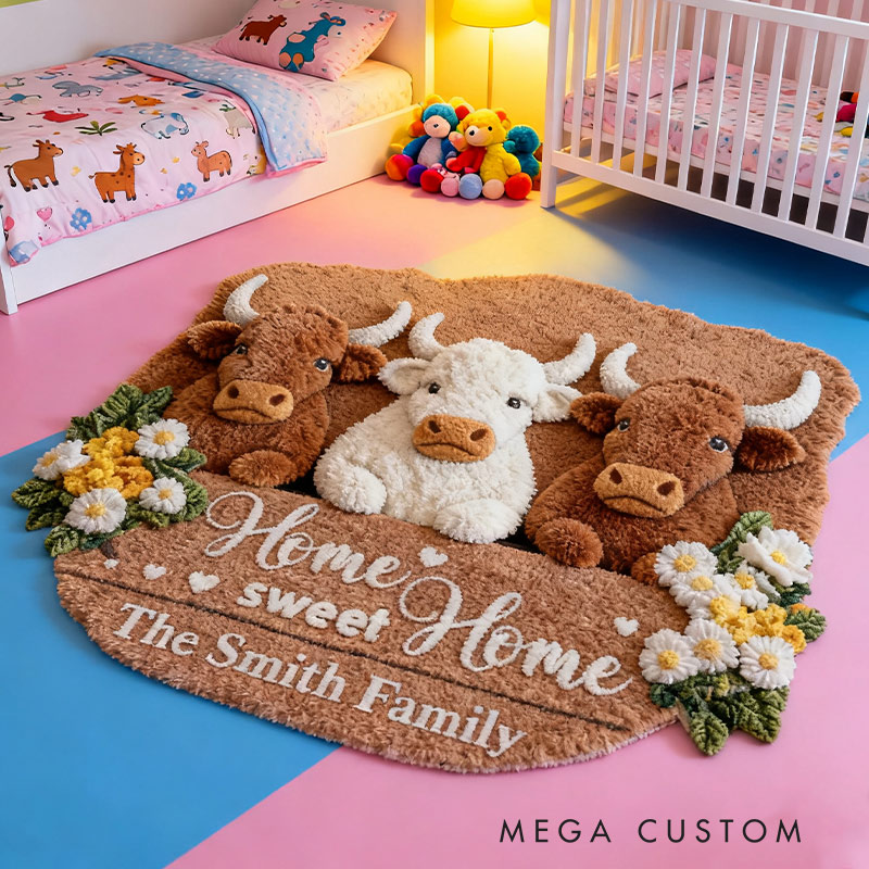 Personalized Home Sweet Home Rug Custom Highland Cow Mat for Family Housewarming Gift