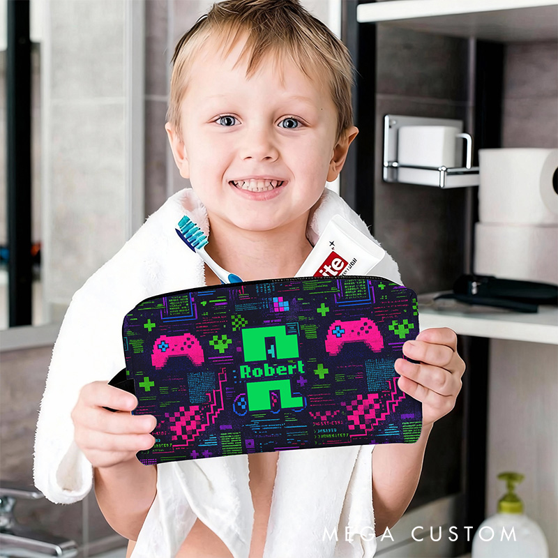 Personalized Glitch Art Style Gamer Name Portable Toiletry Bag with Zipper and Handle Dopp Kit Travel Accessory Birthday Gift for Game Lover