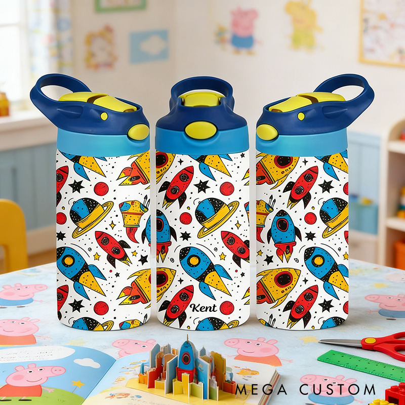 Personalized Rocket Tumbler 12 Oz Kid Insulated Name Water Bottle with Handle and Silicone Straw Space Enthusiasts Gift